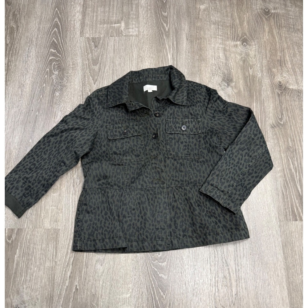 Loft Petites Green Leopard Print Utility Jacket Womens MP Peplum Field Coat